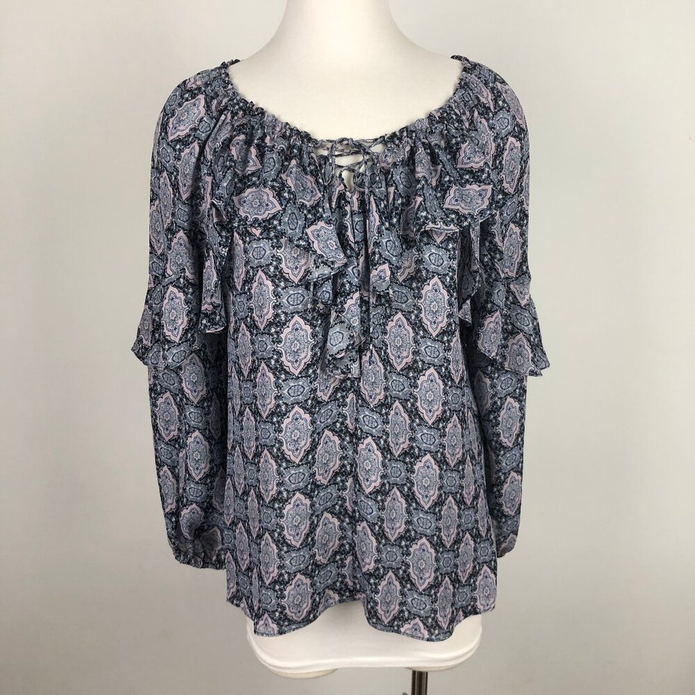Kobi Halperin Tiered Sleeve Silk Peasant Blouse Top Ruffled Lace-up Neck Size M
